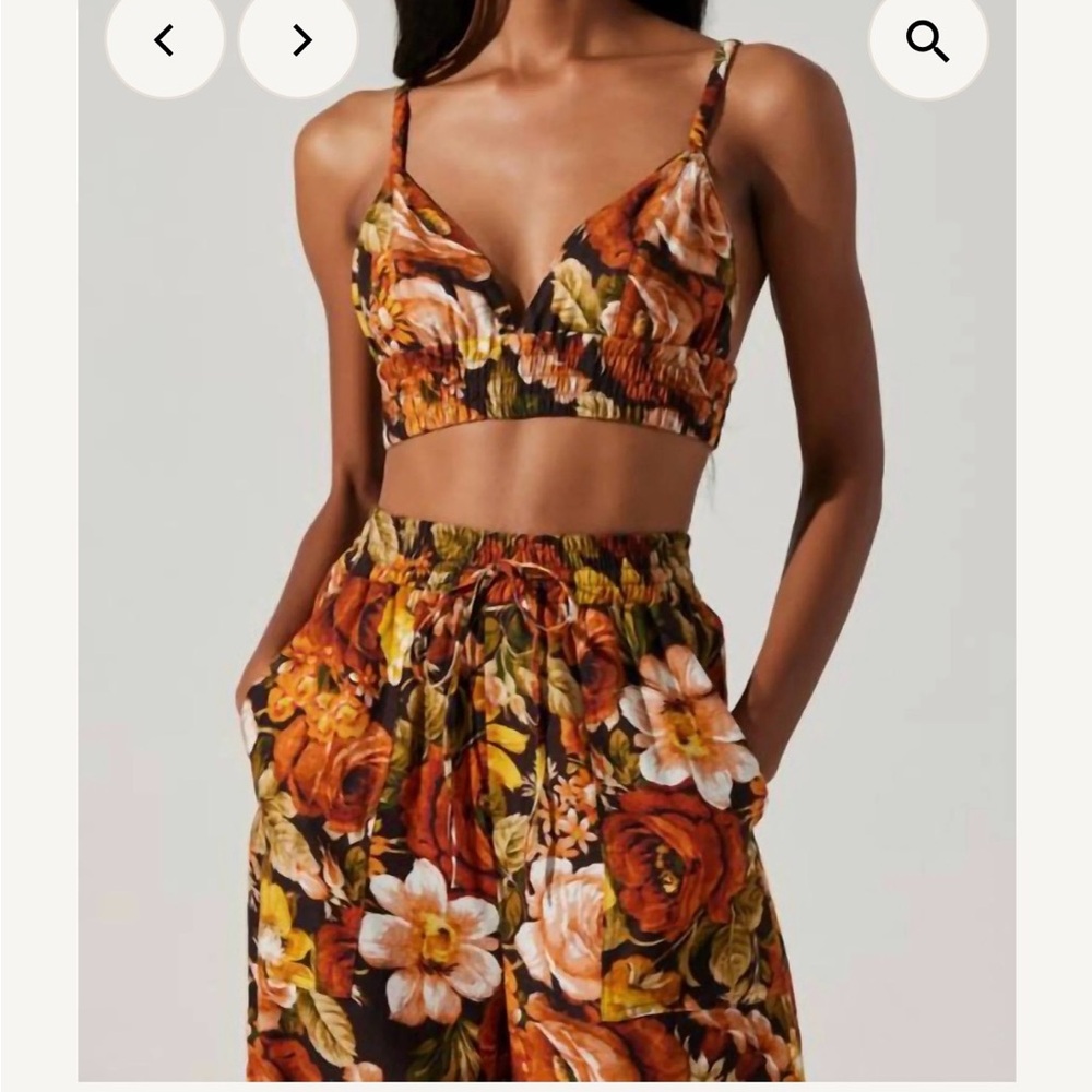 Floral Print Wide-Leg Jumpsuit Pants — Brown Multi